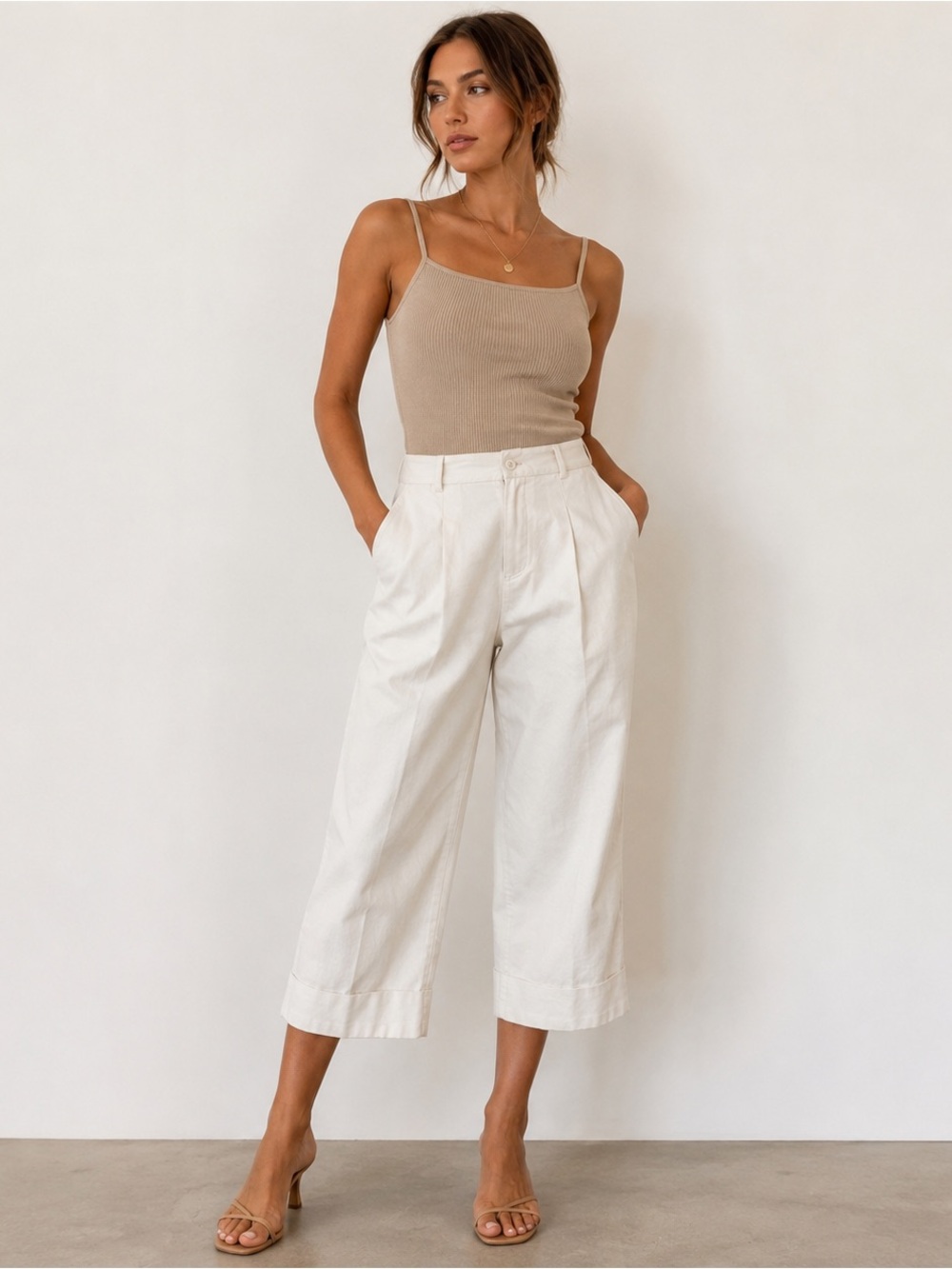 LAUREN RALPH LAUREN Women's Straight Capri Cropped Wide Leg Winter Cream Pants